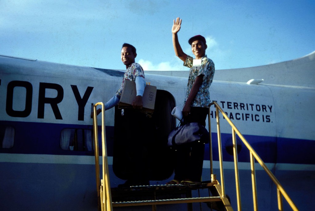 Taka with another Xavier student boarding the plane to Pohnpei, when he was a student at Xavier, ~mid-1960's.