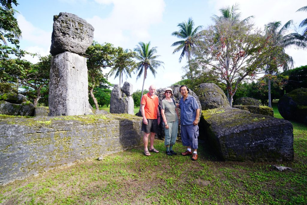 Hiro and Becky Kurashina, two of the archaeological party, with me in front of the House of Taga display on Tinian.