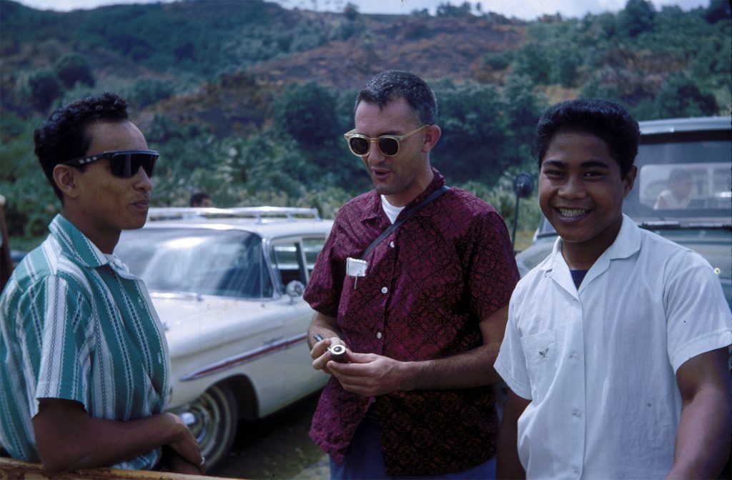 Fr.Bill McGarry in Pohnpei with William Epiriom and Daka Alphons, 1965.